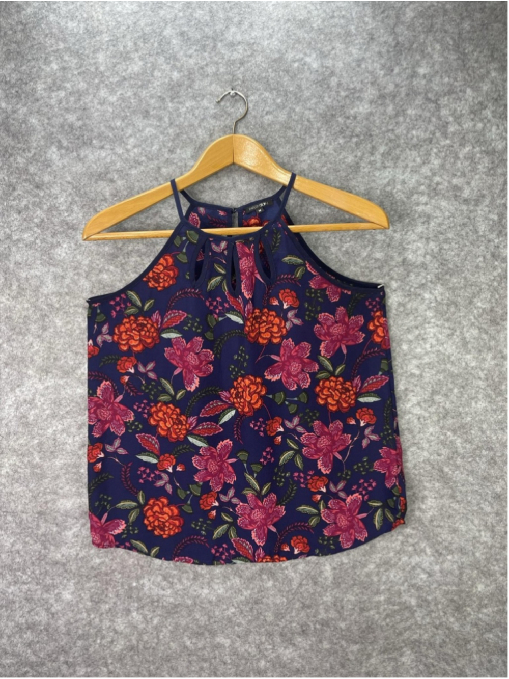 Papermoon Tank Top Womens Medium Blue Floral Halter Keyhole Chiffon Sleeveless